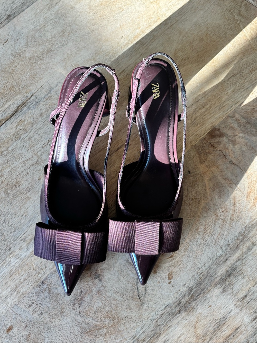 ZARA Metallic Plum Pointed Slingback Heels with Bow Detail